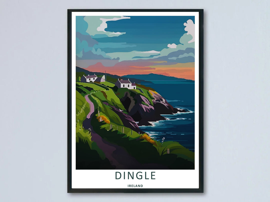 A sunset coastal print featuring the cliffside walking trail of Dingle Ireland; this artwork is available as an unframed print, a premium canvas, or a framed print option. The graphic art showcases white cottages on a hill.