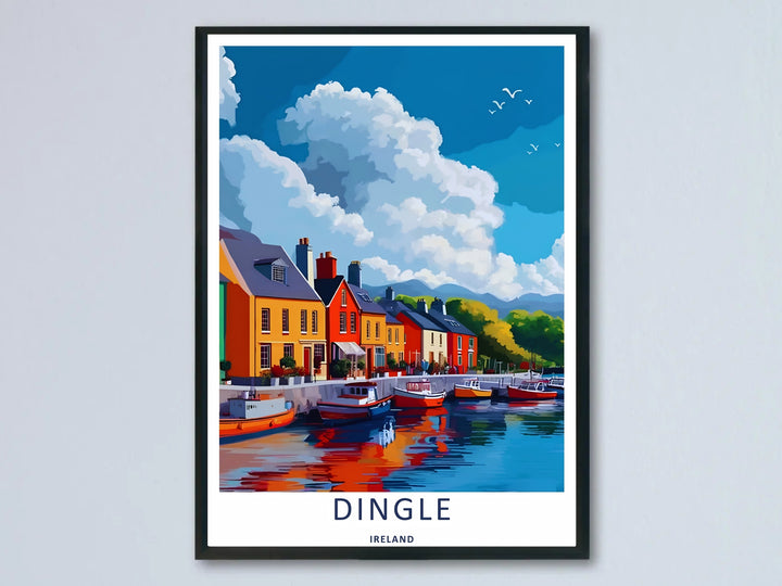 A vibrant coastal village art print highlighting the sunlit daytime harbor of Dingle Ireland; this high-quality artwork is available as an unframed print, a premium canvas, or a framed print option.