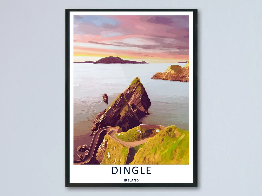 A vibrant Dunmore Head coastal print highlighting the dramatic clifftop paths of Dingle Ireland; this high-quality artwork is available as an unframed poster, a premium wrapped canvas, or a framed print option.