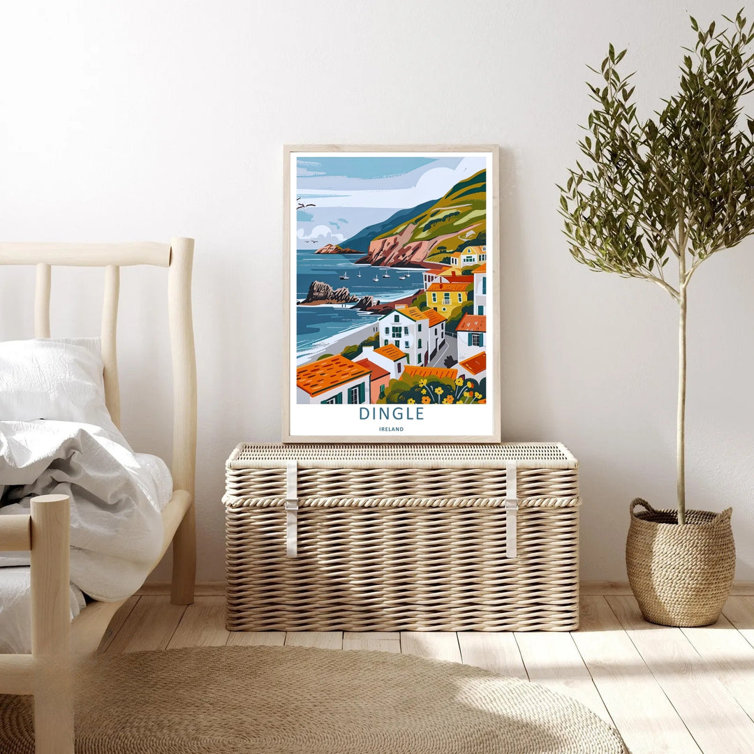 Graphic illustration print of the famous Dingle Ireland coastal trail, crafted as a premium canvas print, an unframed poster, or a framed gallery piece. The wall decor shows a towering green hillside descending into deep blue ocean waters.
