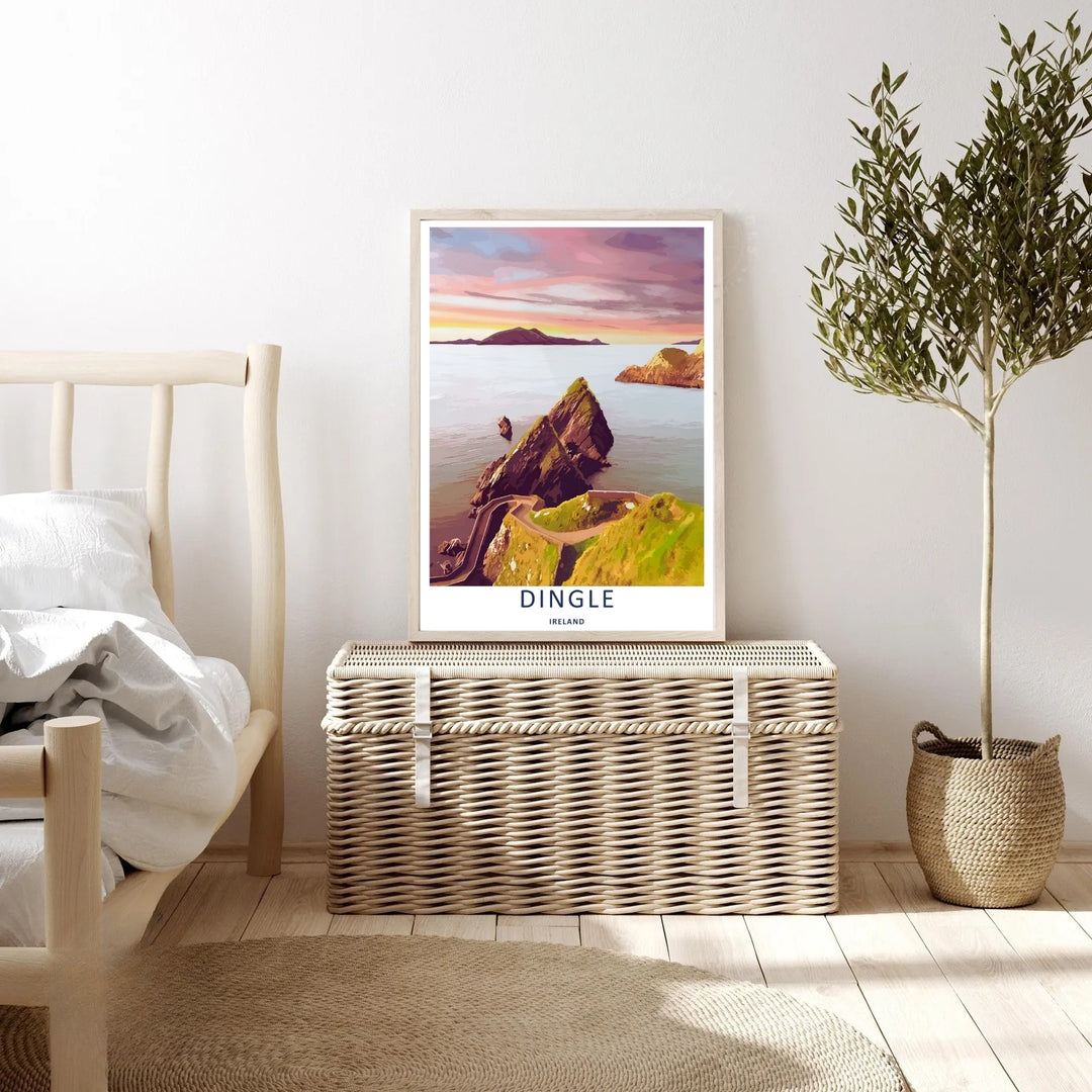 High-contrast illustrative artwork of the vibrant Dunmore Head trail in Dingle Ireland, custom made as a canvas, a standalone unframed print, or a retro white framed poster with a bold white border layout.