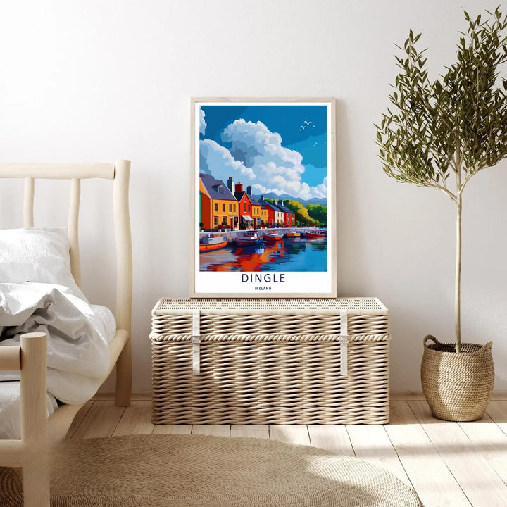 High-contrast illustrative artwork of the vibrant Dingle Ireland coastal village promenade, custom made as a canvas, a standalone unframed print, or a sleek framed poster with a white mat border.
