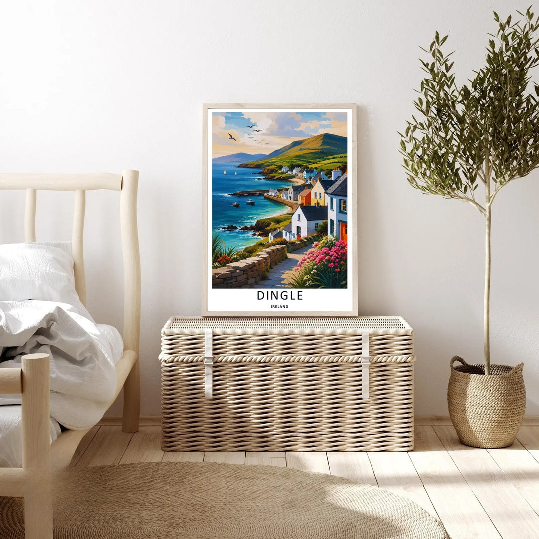 Modern wall art featuring an illustrative vector layout of the classic coastal village promenade in Dingle Ireland, which can be ordered as a stretched canvas, an unframed poster, or a pure gold framed luxury print.