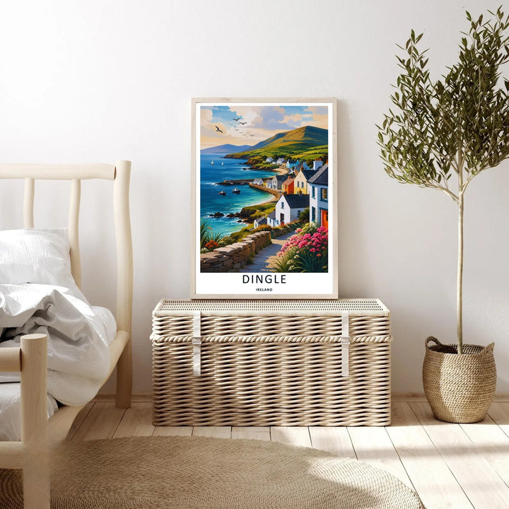 Modern wall art featuring an illustrative vector layout of the classic coastal village promenade in Dingle Ireland, which can be ordered as a stretched canvas, an unframed poster, or a pure gold framed luxury print.