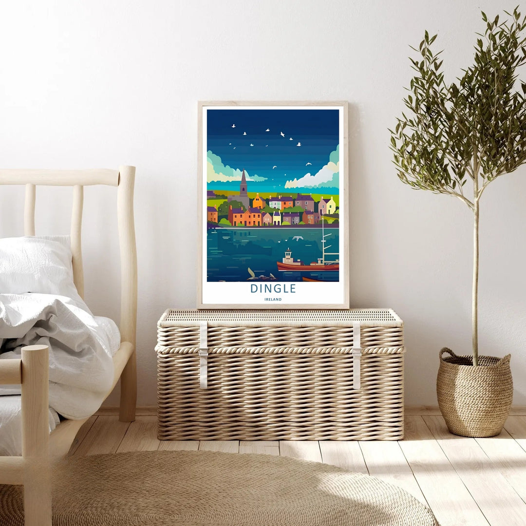 High-contrast illustrative artwork of the colorful Dingle Ireland harbor village, custom made as a canvas, a standalone unframed print, or a framed poster. The design uses layered textures and deep blues to show a scenic seaside town.