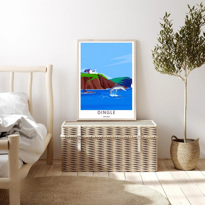 An elegant maritime print of the scenic Dingle Lighthouse peninsula in Dingle Ireland during a bright afternoon, offered as an unframed print, a wrapped canvas, or a premium retro black framed art finish for home styling.