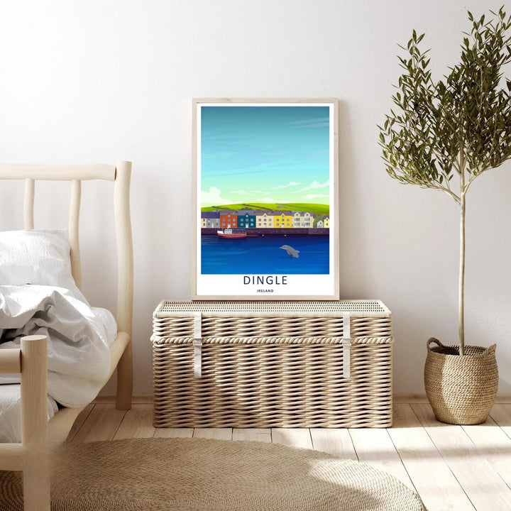 An elegant maritime print of the scenic Dingle Ireland peninsula during a bright afternoon, offered as an unframed print, a wrapped canvas, or a premium wood framed art finish for home styling.