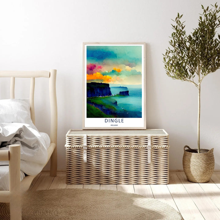 High-contrast watercolor artwork of the vibrant Dingle Ireland cliffside walking trail, custom made as a canvas, a standalone unframed print, or a sleek framed poster with a bold white border layout.