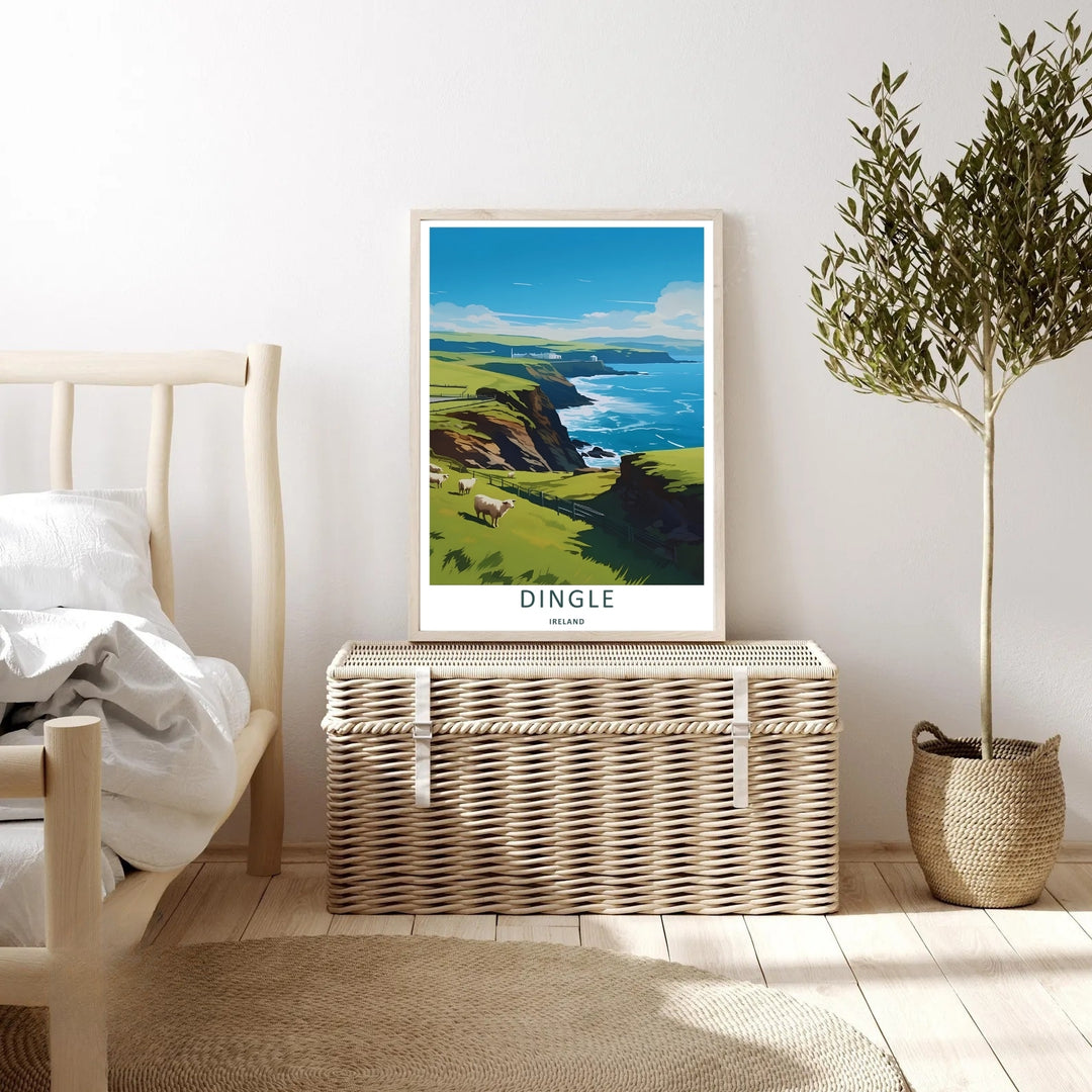 High-contrast illustrative artwork of the scenic Dingle Ireland green trail, custom made as a canvas, a standalone unframed print, or a framed poster. The design uses layered textures and bright blues to show a scenic countryside path.