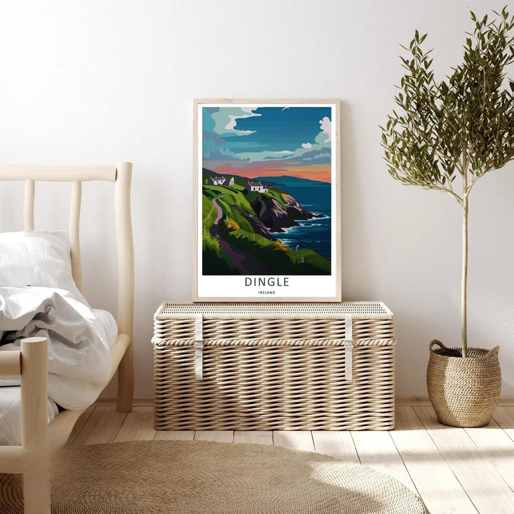 High-contrast illustrative artwork of the scenic Dingle Ireland green walking trail, custom made as a canvas, a standalone unframed print, or a framed poster. The design uses layered textures and bright amber skies to show a path.