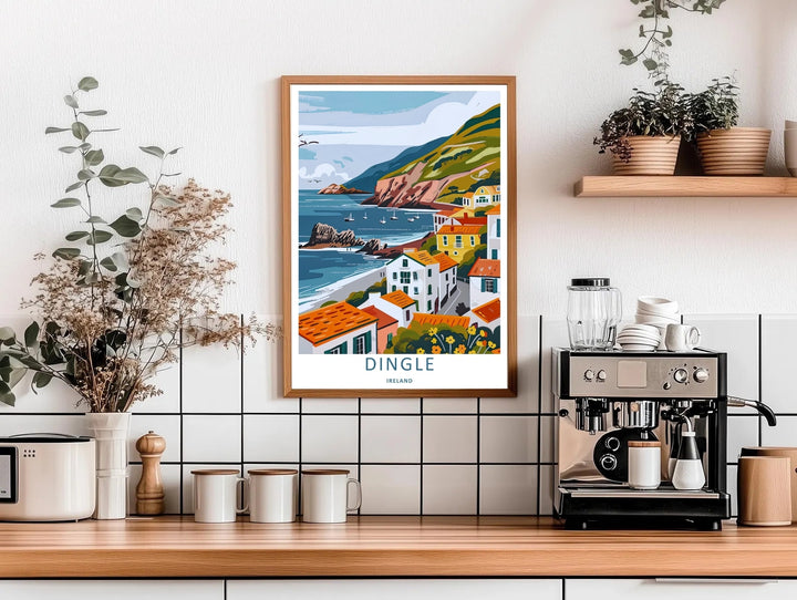 Modern travel poster art featuring a retro graphic layout of the classic Dingle Ireland harbor view, which can be ordered as a stretched canvas, an unframed poster, or a framed print. The landscape art details sailboats sitting near coastal rock stacks.