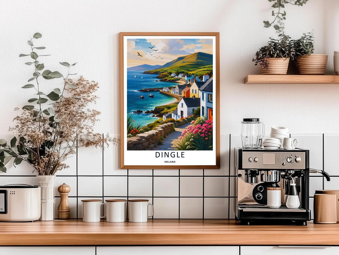 An elegant maritime print of the scenic harbor docks in Dingle Ireland during a sunlit afternoon, offered as an unframed print, a wrapped canvas, or a premium retro black framed art finish for home styling.