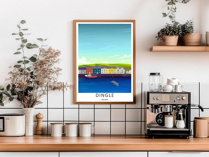High-contrast illustrative artwork of the vibrant Dingle Ireland coastal village promenade, custom made as a canvas, a standalone unframed print, or a sleek framed poster with a bold white border layout.