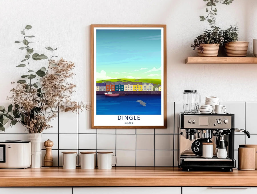 High-contrast illustrative artwork of the vibrant Dingle Ireland coastal village promenade, custom made as a canvas, a standalone unframed print, or a sleek framed poster with a bold white border layout.