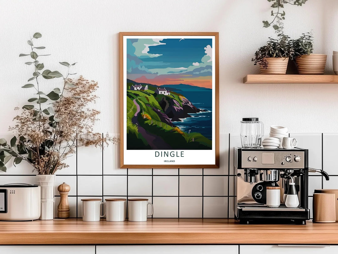 A beautiful pathway and sea theme poster featuring the rugged coastal geography of Dingle Ireland, available in flexible unframed, framed, or canvas print layouts. The illustration captures the peaceful feeling of the sunset sky.