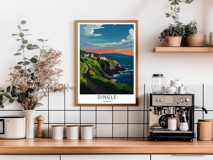 A beautiful pathway and sea theme poster featuring the rugged coastal geography of Dingle Ireland, available in flexible unframed, framed, or canvas print layouts. The illustration captures the peaceful feeling of the sunset sky.
