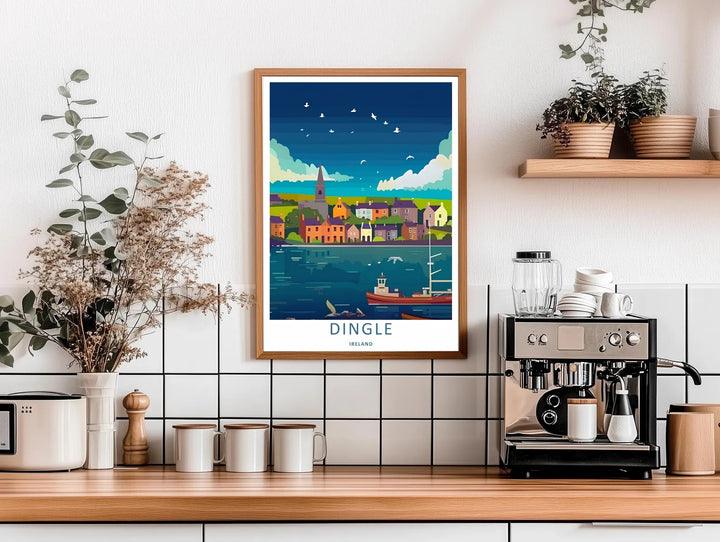 A beautiful harbor and sea theme poster featuring the quiet coastal architecture of Dingle Ireland, available in flexible unframed, framed, or canvas print layouts. The illustration captures the peaceful feeling of the Wild Atlantic Way.