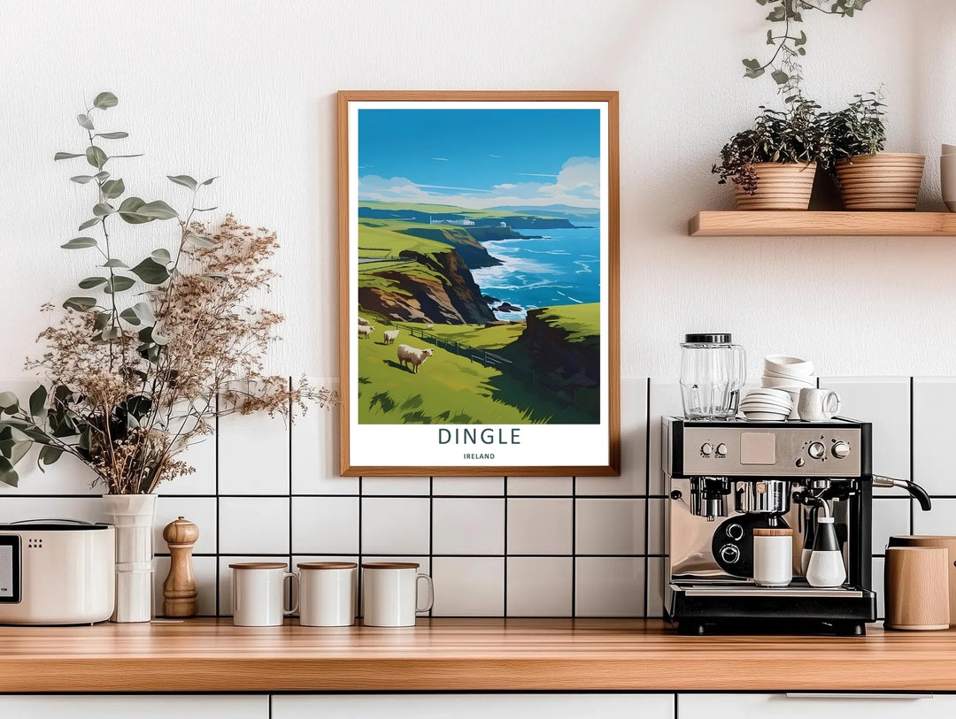 A retro style landscape art print displaying the beautiful blue ocean view of Dingle Ireland, offered as a canvas, an unframed poster, or within a framed display. The scene highlights deep sea waters meeting dramatic coastal cliffs.