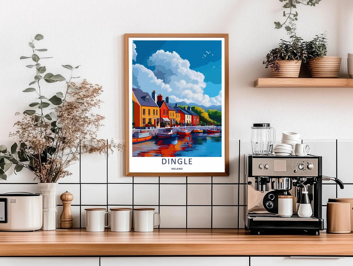 A beautiful harbor and maritime theme poster capturing the lively waterfront buildings of Dingle Ireland, available in flexible unframed, framed, or canvas print layouts to match your home decor.