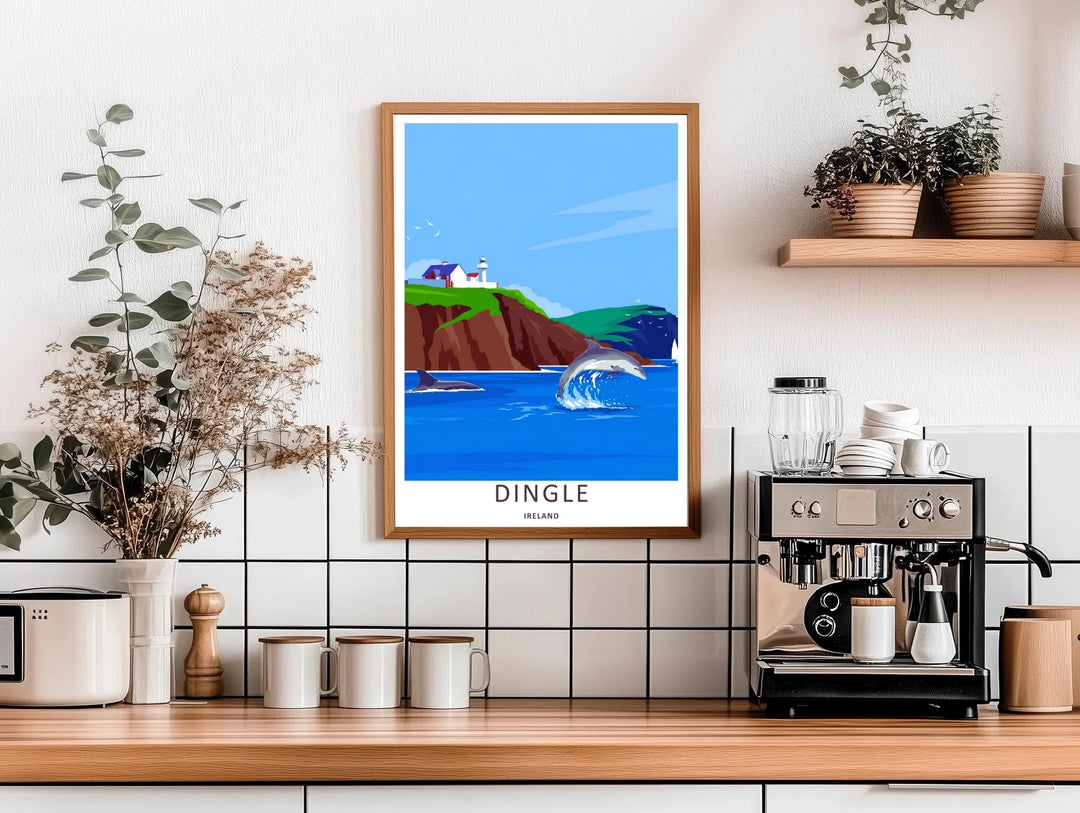High-contrast artistic illustration of the vibrant dolphin splash beneath Dingle Lighthouse in Dingle Ireland, custom made as a canvas, a standalone unframed print, or a retro white framed poster with a white border.