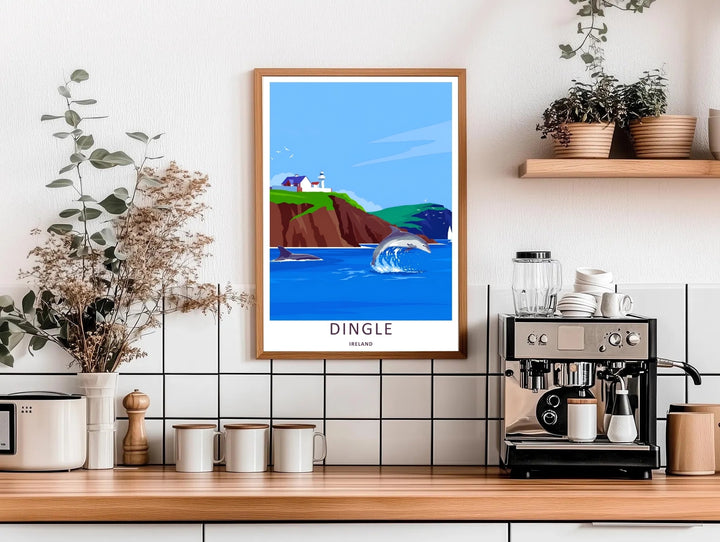 High-contrast artistic illustration of the vibrant dolphin splash beneath Dingle Lighthouse in Dingle Ireland, custom made as a canvas, a standalone unframed print, or a retro white framed poster with a white border.