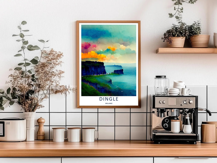 A beautiful coastal and sea theme poster capturing the fluid, dreamy geography of Dingle Ireland, available in flexible unframed, framed, or canvas print layouts to match your contemporary home decor.