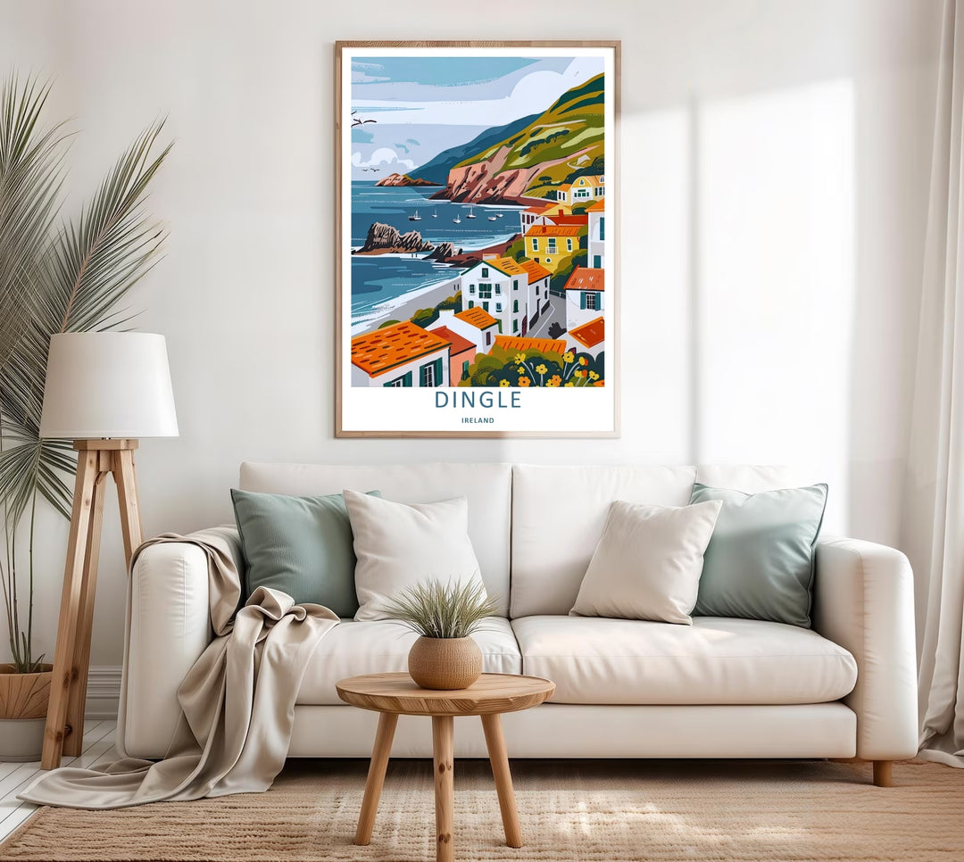 An elegant wilderness print of the dramatic Dingle Ireland peninsula, offered as an unframed print, a wrapped canvas, or a framed art finish. The vintage travel poster aesthetic brings a modern graphic touch to classic coastal wall decor.
