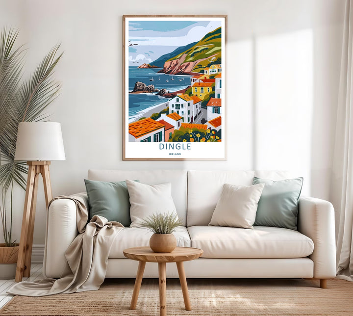 An elegant wilderness print of the dramatic Dingle Ireland peninsula, offered as an unframed print, a wrapped canvas, or a framed art finish. The vintage travel poster aesthetic brings a modern graphic touch to classic coastal wall decor.