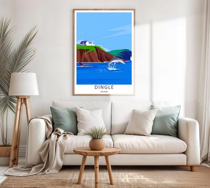 A colorful nature and architectural design of the historic clifftop buildings at Dingle Lighthouse in Dingle Ireland, available in a variety of presentation formats including unframed prints, canvas wall art, and bronze finishes.
