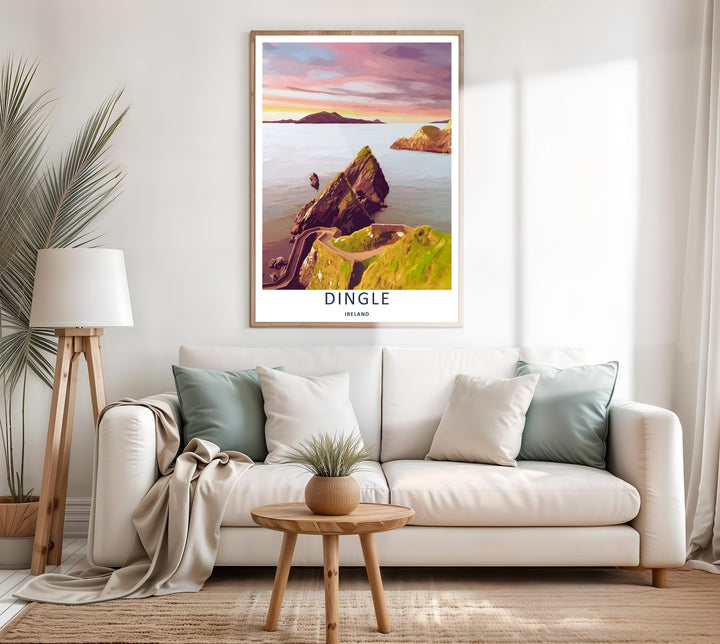 A colorful architectural and nature design of the world-famous Dunmore Head cliffs in Dingle Ireland, available in a variety of presentation formats including unframed prints, canvas wall art, and bronze finishes.