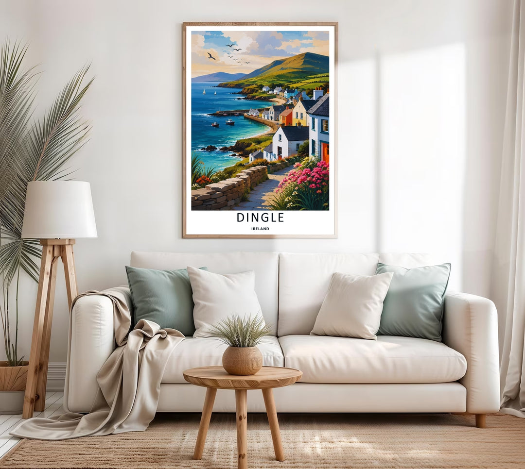 High-contrast artistic illustration of blooming wildflowers along a clifftop walk in Dingle Ireland, custom made as a canvas, a standalone unframed print, or a retro white framed poster with a white border.