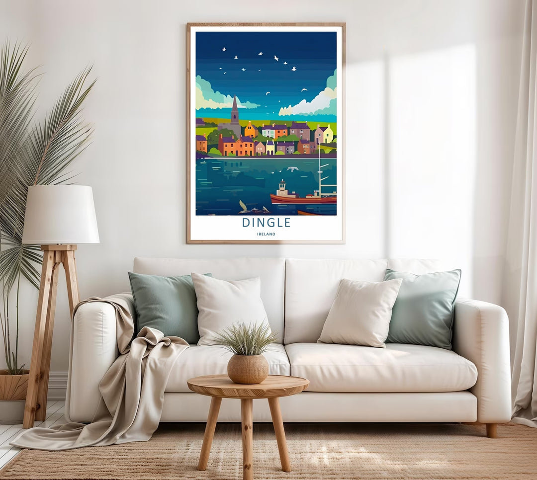 A colorful travel poster design of the scenic Dingle Ireland evening coast, available in a variety of presentation formats including unframed prints, canvas wall art, and framed finishes. The print highlights a prominent church spire above town cottages.