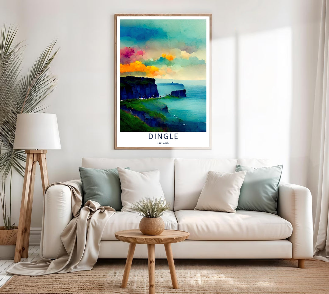 A colorful atmospheric design of the world-famous Dingle Ireland coastal headlands, available in a variety of presentation formats including unframed prints, canvas wall art, and framed finishes.
