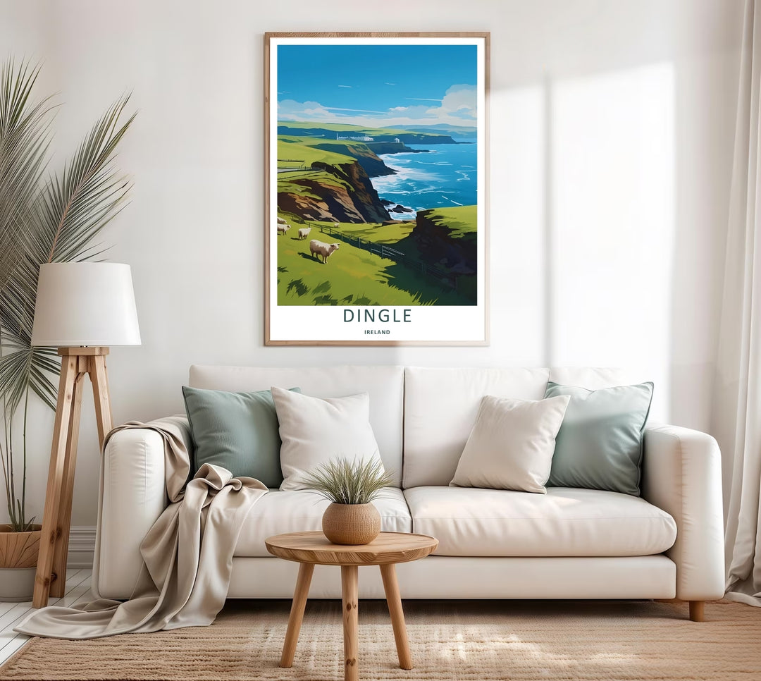 A colorful countryside design of the scenic Dingle Ireland peninsula coast, available in a variety of presentation formats including unframed prints, canvas wall art, and framed finishes. The print highlights farm sheep along green cliffs.