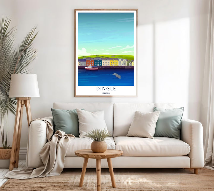 A colorful architectural design of the world-famous Dingle Ireland waterfront houses, available in a variety of presentation formats including unframed prints, canvas wall art, and framed finishes.