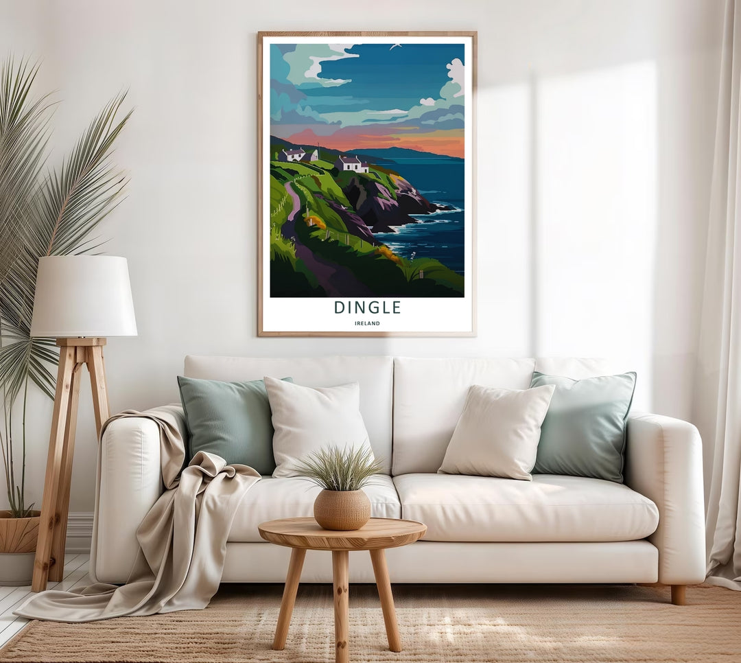A colorful sunset design of the scenic Dingle Ireland peninsula coast, available in a variety of presentation formats including unframed prints, canvas wall art, and framed finishes. The print highlights farm cottages along green cliffs.
