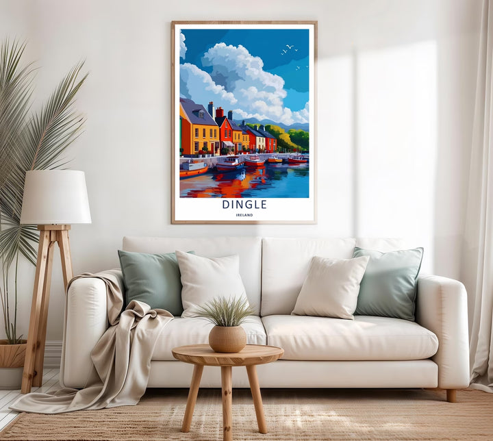 A colorful architectural design of the world-famous Dingle Ireland waterfront houses, available in a variety of presentation formats including unframed prints, canvas wall art, and framed finishes.