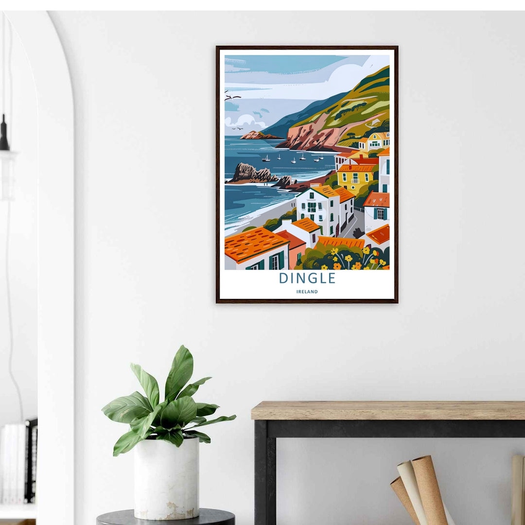 High-contrast illustrative artwork of the colorful Dingle Ireland town trail, custom made as a canvas, a standalone unframed print, or a framed poster. The design uses layered textures and bright tones to show a scenic seaside village path.