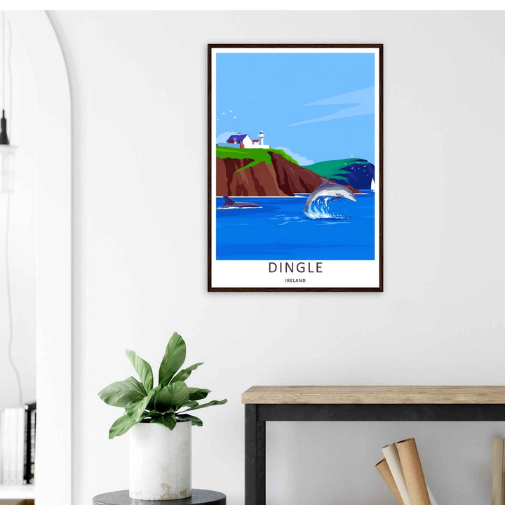 A stylized landscape print displaying a vintage style Dingle Lighthouse marine viewpoint in Dingle Ireland, with options to purchase as an unframed print, a high-quality stretched canvas, or a luxury silver framed display.