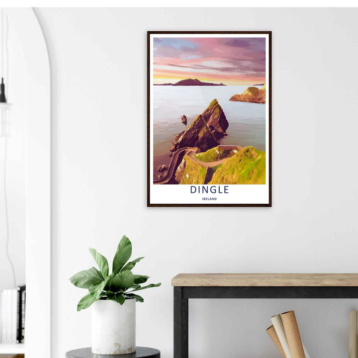 A stylized landscape print displaying a vintage style Dunmore Head ocean viewpoint in Dingle Ireland, with options to purchase as an unframed print, a high-quality stretched canvas, or a luxury silver framed display.