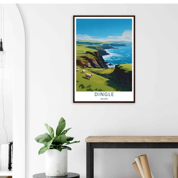 A stylized landscape print displaying a vintage Dingle Ireland seaside viewpoint, with options to purchase as an unframed print, a high-quality canvas, or a framed display. The artwork balances warm green tones against a bright blue sky.