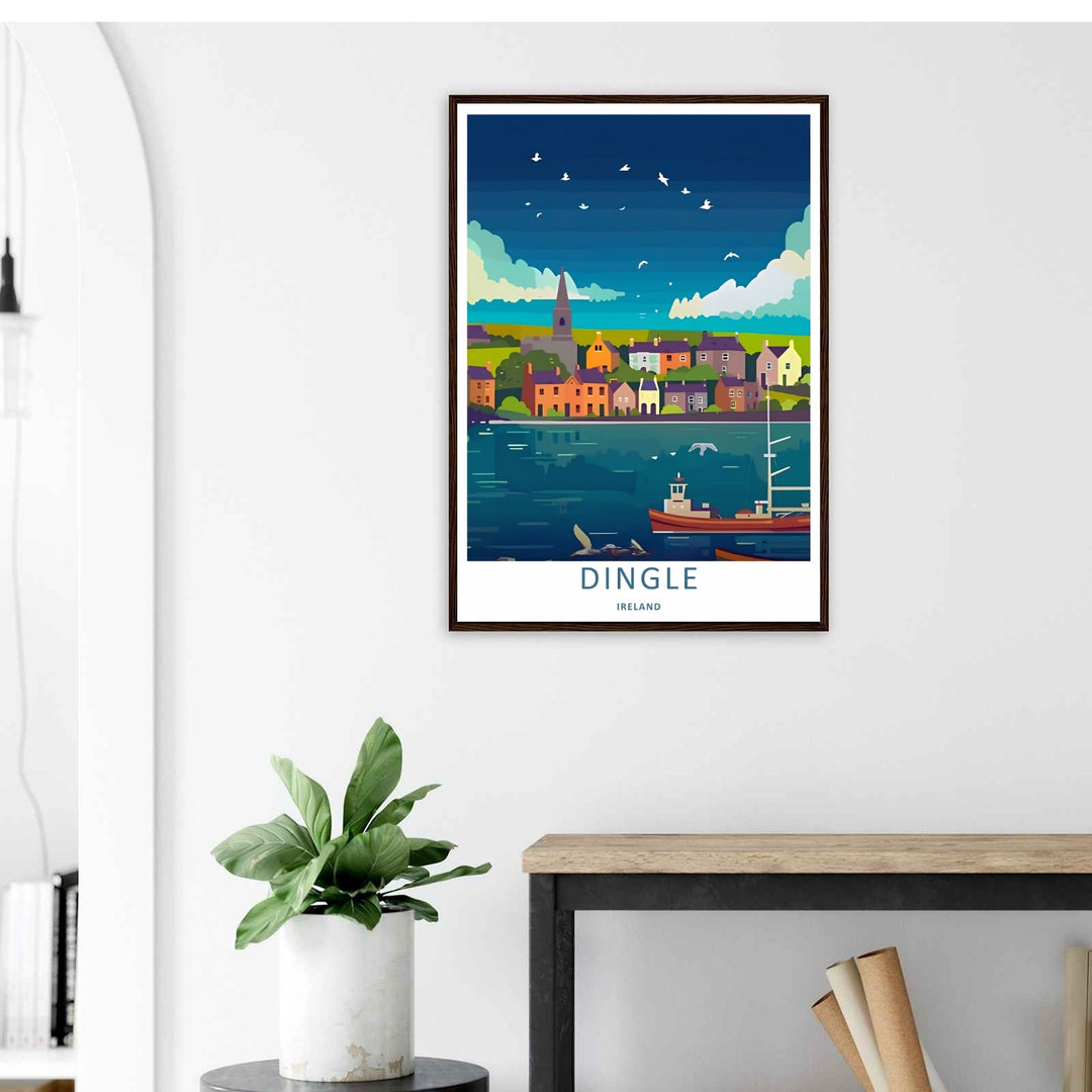 A stylized landscape print displaying a vintage Dingle Ireland harbor scene, with options to purchase as an unframed print, a high-quality canvas, or a framed display. The artwork balances warm cottage facades against a deep navy blue sky.