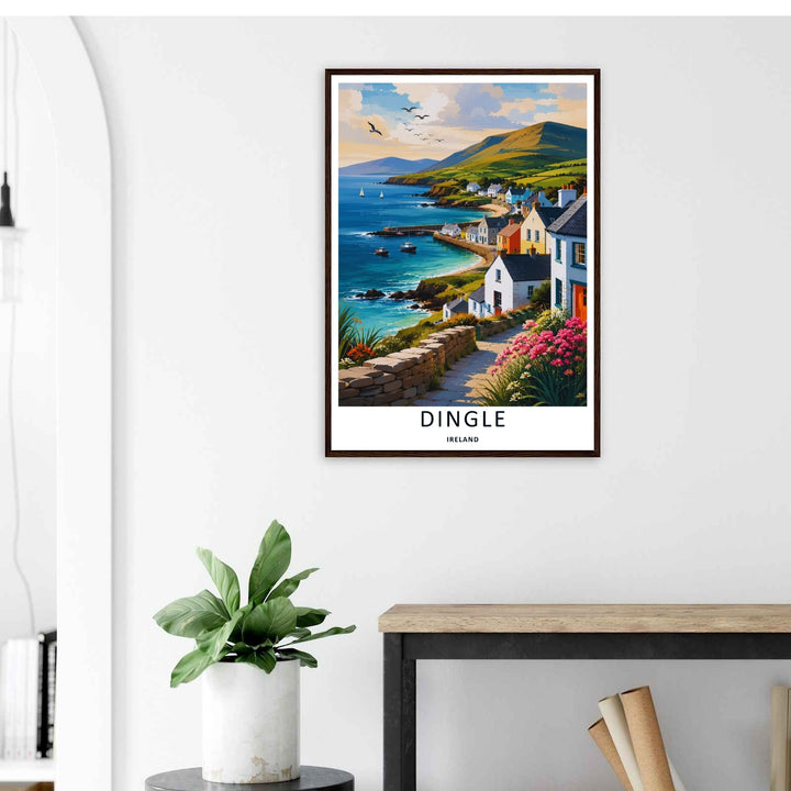 A colorful nature and architectural design of the historic seaside houses in Dingle Ireland, available in a variety of presentation formats including unframed prints, canvas wall art, and bronze finishes.