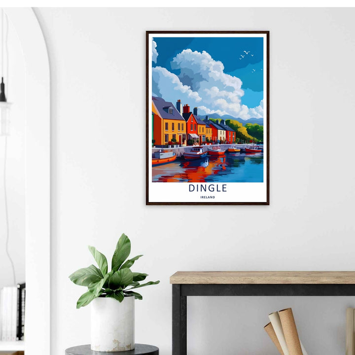 A stylized landscape print displaying a vintage style Dingle Ireland harbor viewpoint, with options to purchase as an unframed print, a high-quality stretched canvas, or a luxury framed display.