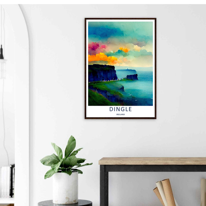 A stylized landscape print displaying a vintage style Dingle Ireland ocean viewpoint, with options to purchase as an unframed print, a high-quality stretched canvas, or a luxury gold framed display.