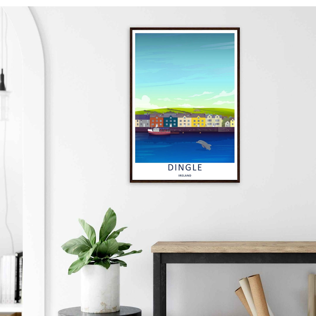 A stylized landscape print displaying a vintage style Dingle Ireland harbor dolphin viewpoint, with options to purchase as an unframed print, a high-quality stretched canvas, or a luxury gold framed display.
