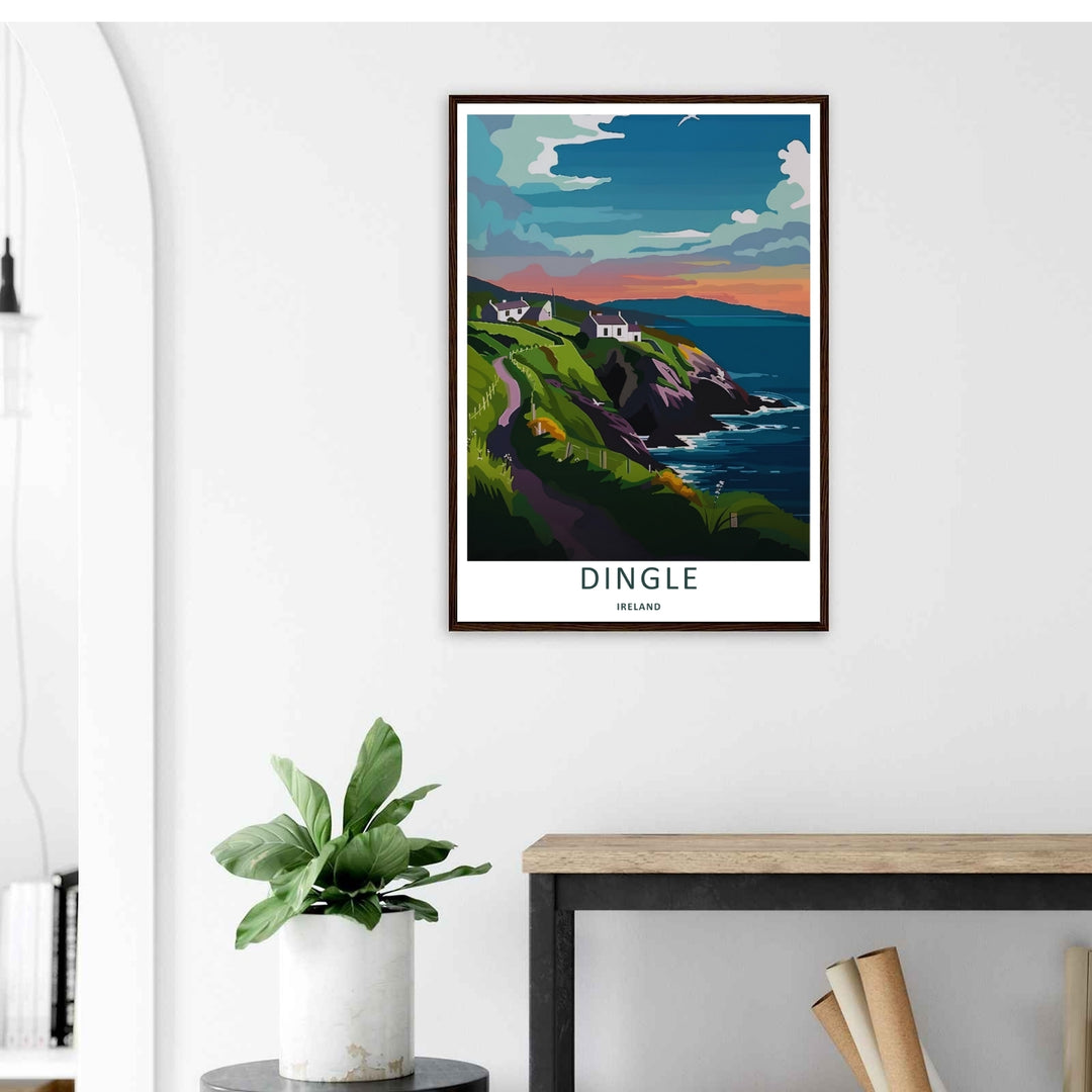 A stylized landscape print displaying a vintage Dingle Ireland seaside path, with options to purchase as an unframed print, a high-quality canvas, or a framed display. The artwork balances warm pink tones against a deep blue sea.