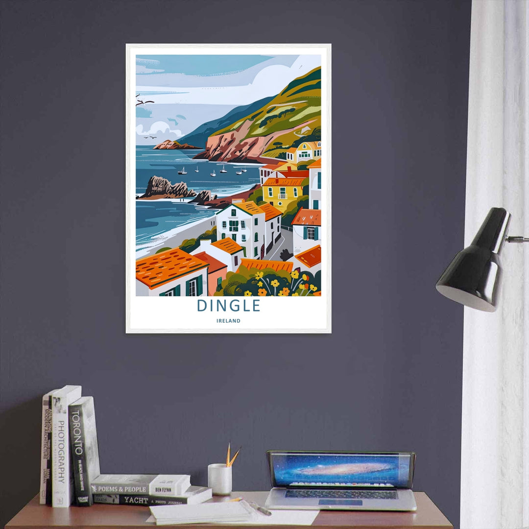 A vintage style landscape art print displaying the beautiful ocean bay view of Dingle Ireland, offered as a canvas, an unframed poster, or within a framed display. The scene highlights sailboats drifting near rugged coastal cliffs.