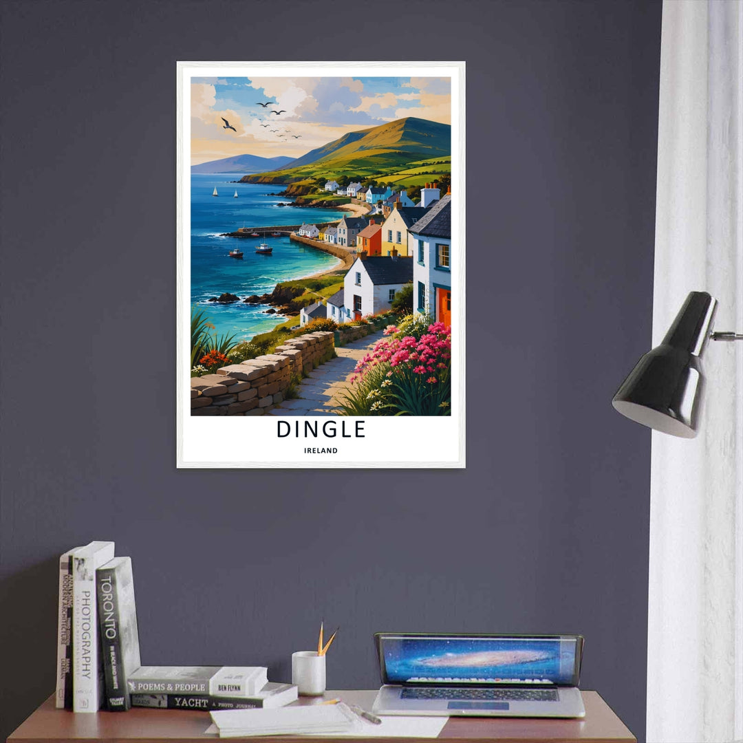 A detailed retro landscape illustration showing the multi-colored coastal cottages along the bay of Dingle Ireland, offered as a wrapped canvas, an unframed poster, or within a custom gallery black framed display.