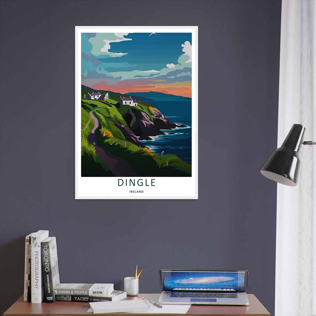 A retro style landscape art print displaying the beautiful sunset coast view of Dingle Ireland, offered as a canvas, an unframed poster, or within a framed display. The scene highlights deep sea waters meeting rocky cliffs.